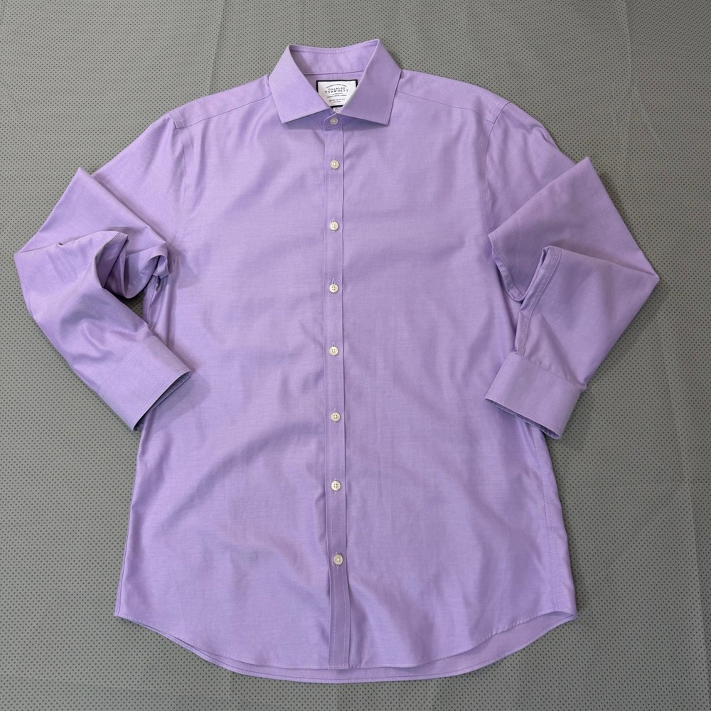 Charles Tyrwhitt Button Down Extra Slim Fit Non-Iron Men 16 34 Purple L/S Twill